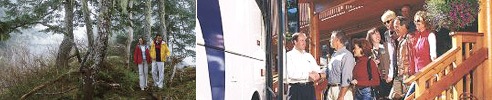 Couple hiking and guests boarding a tour bus