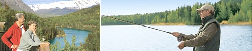 People sightseeing and salmon fishing