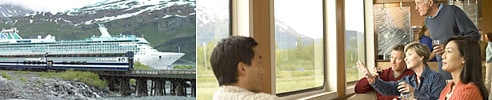 Cruise ship and train and people aboard the train