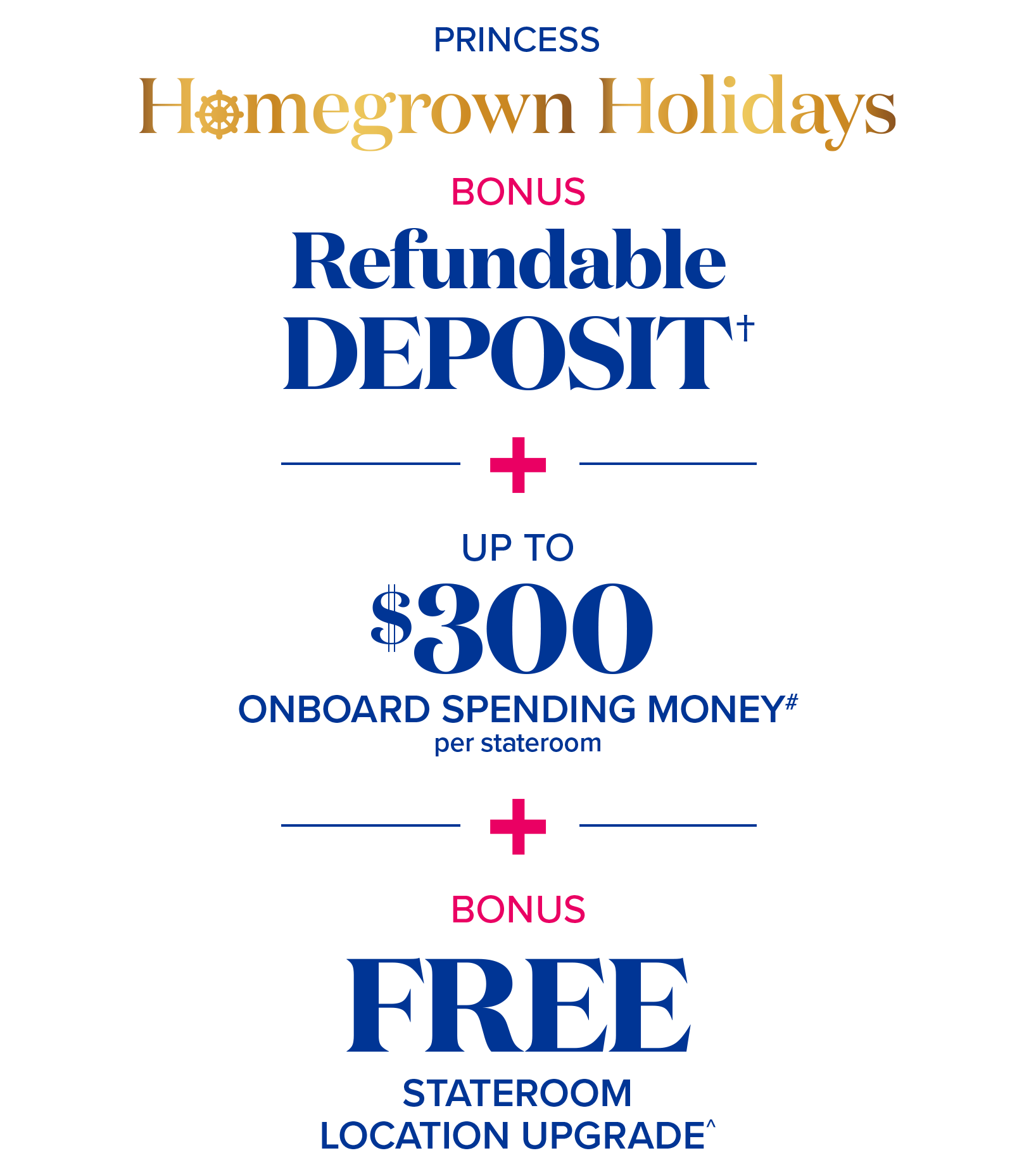 princess homegrown holidays - bonus refundable deposit + up to $300 onboard spending money per stateroom + bonus free stateroom location upgrade