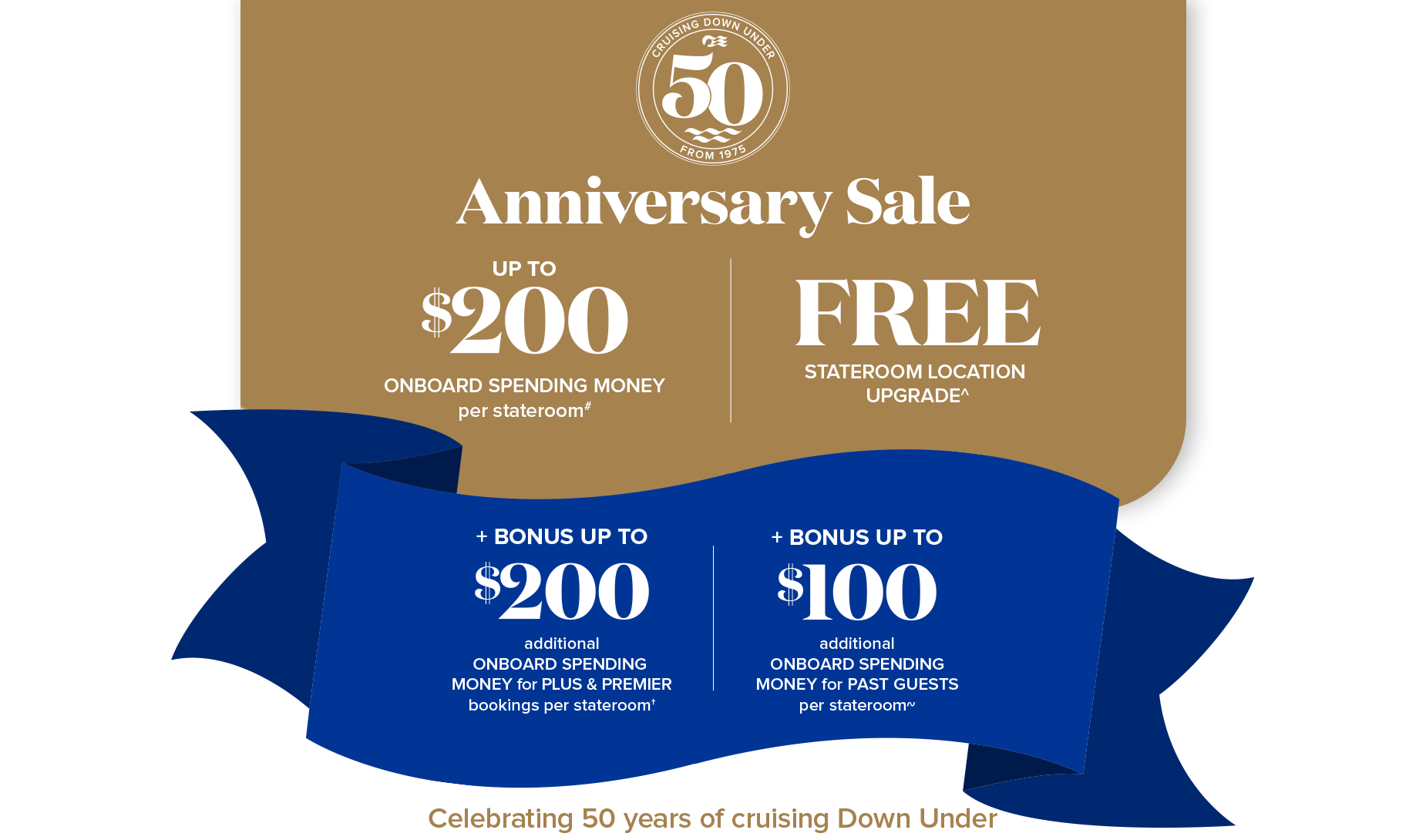 50th anniversary sale: up to $200 onboard spending money per stateroom -  free stateroom location upgrade - up to $200 onboard spending money for plus and premiere per stateroom - up to $100 onboard spending money per past guest per stateroom 