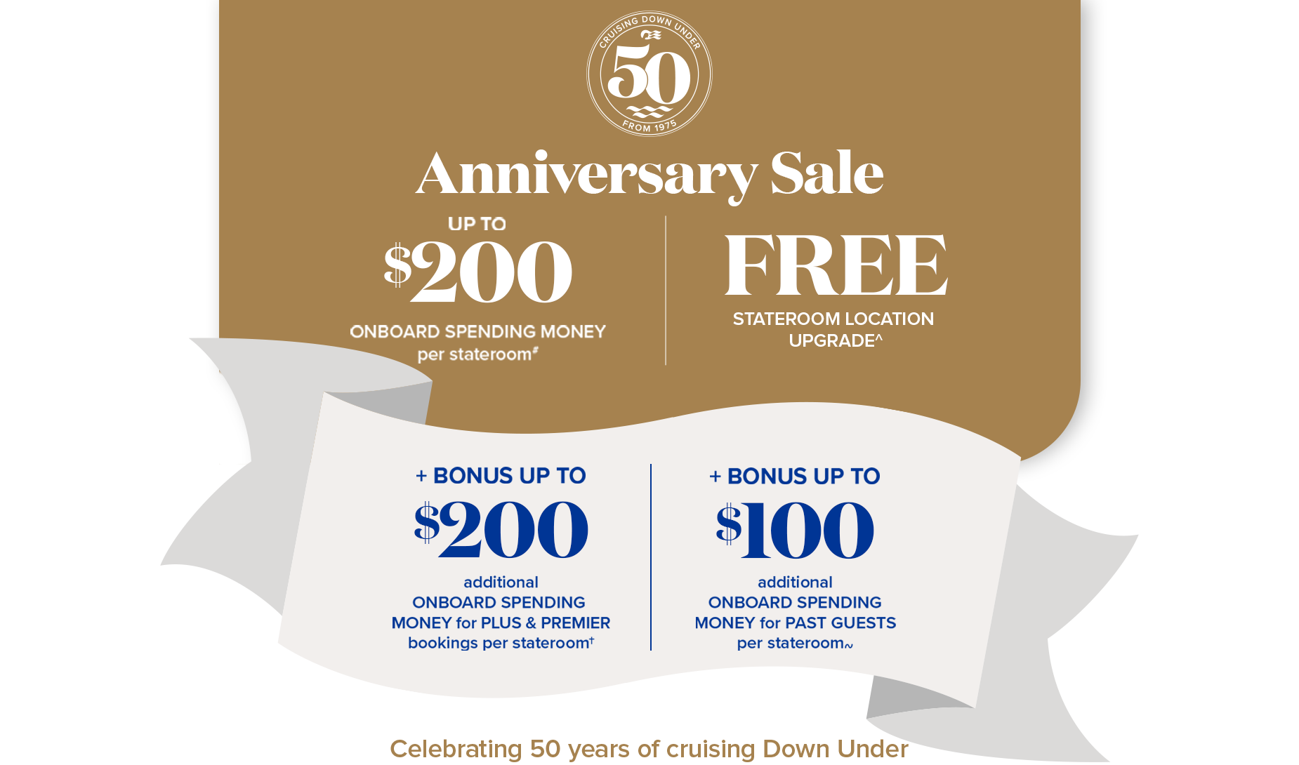 50th anniversary sale: up to $200 onboard spending money per stateroom -  free stateroom location upgrade - up to $200 onboard spending money for plus and premiere per stateroom - up to $100 onboard spending money per past guest per stateroom 