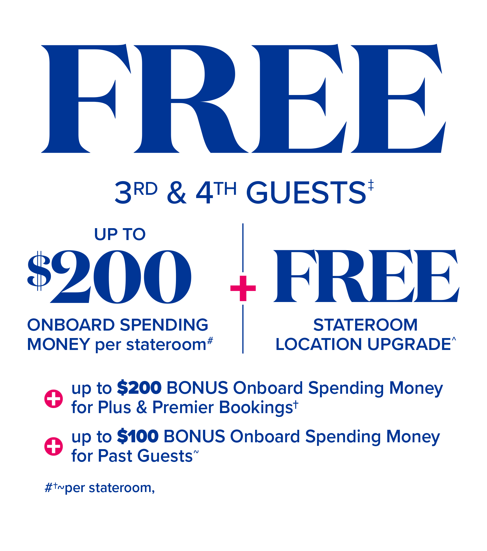 free 3rd & 4th guest: up to $200 onboard spending money per stateroom plus free stateroom location upgrade plus up to $200 onboard spending money for plus and premiere per stateroom plus up to $100 onboard spending money per past guest per stateroom