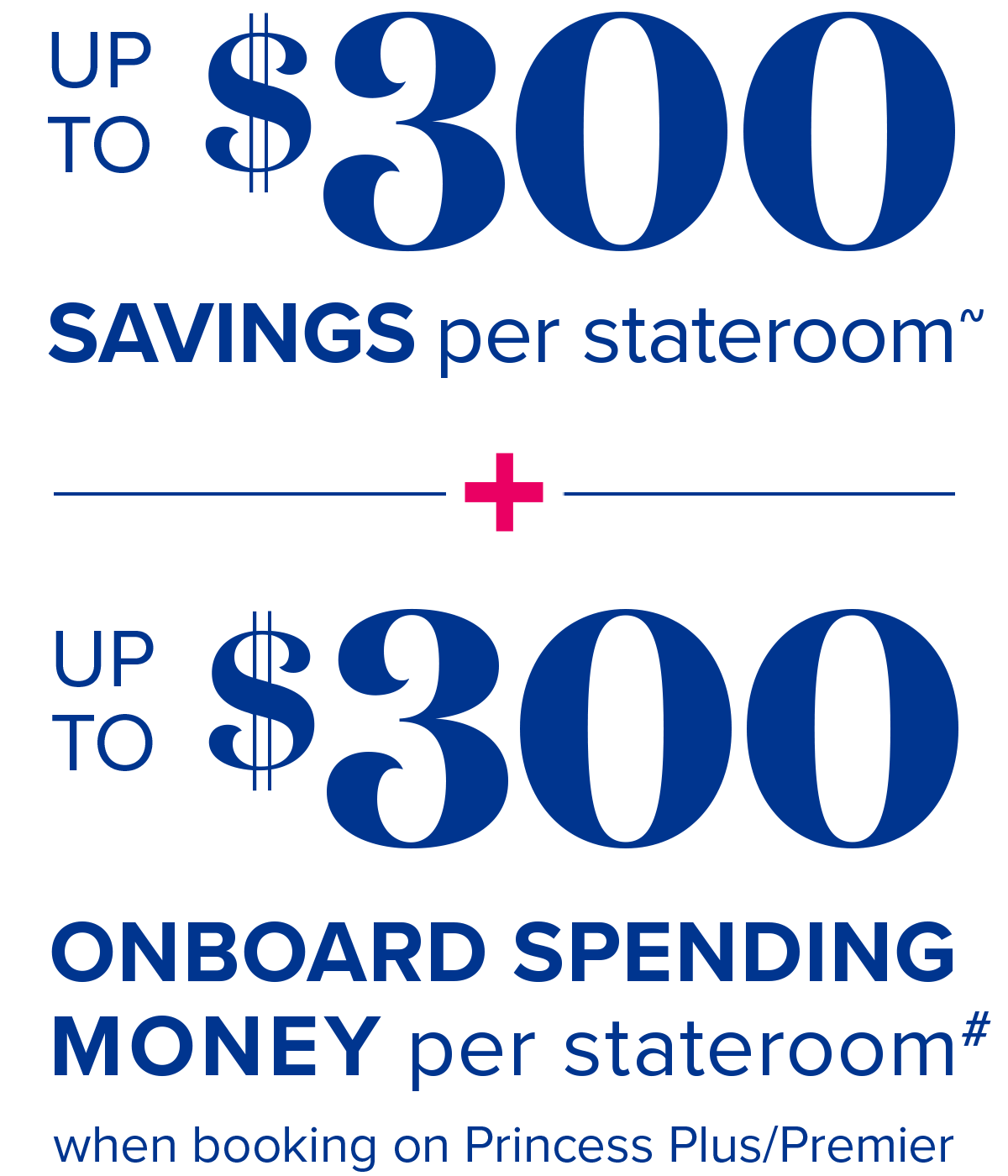 up to $300 onboard savings per stateroom~ + up to $300 onboard spending money per stateroom# + when booking on princess plus/premier