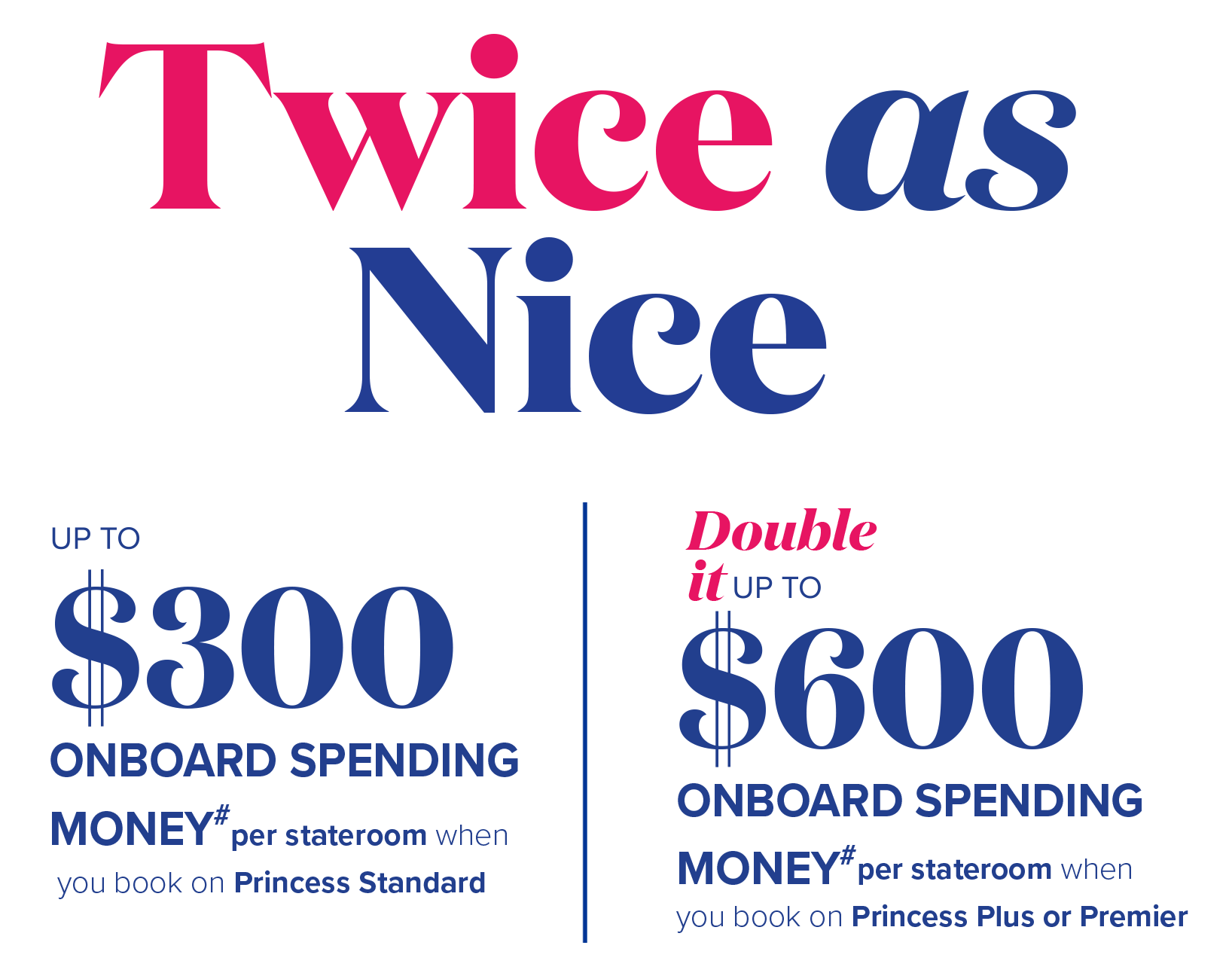 Twice as nice-up to $300 onboard spending money# per stateroom when you book on princess standard-double it up to $600 onboard spending money# per stateroom when you book on princess plus or premier