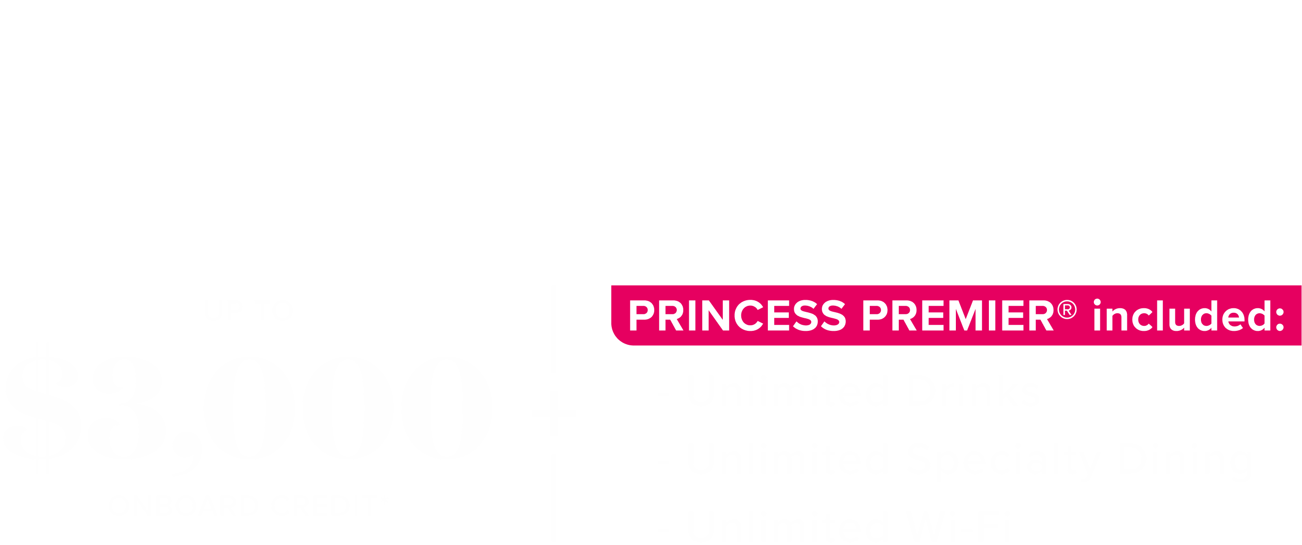 2028 world cruise, up to $2,000 onboard credit + Princess Premier included: unlimited drinks, unlimited specialty dining, unlimited wi-fi
