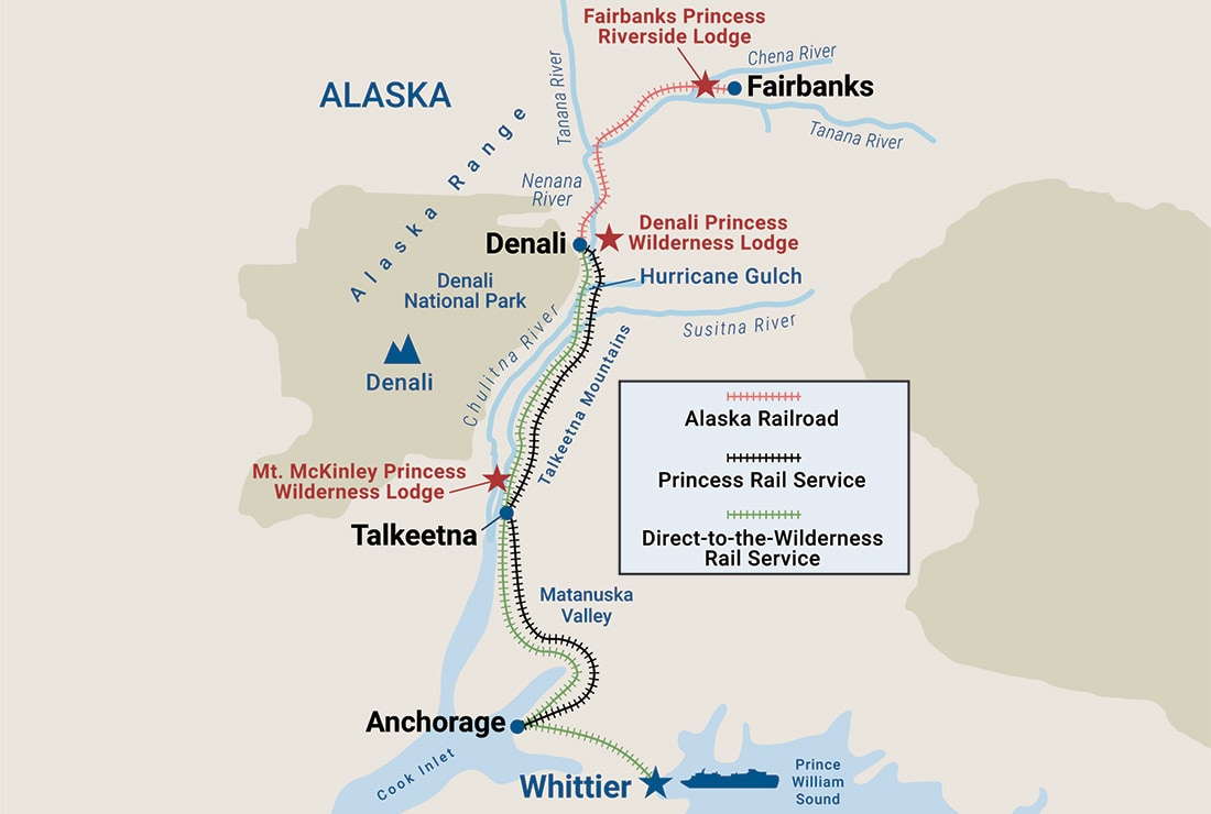 Map of route for Alaska Train Travel - refer to the page below and the Cruise Details page for a list of port names 