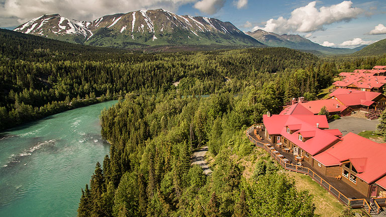 Aerial view of Kenai Princess Wilderness Lodge on Kenai River