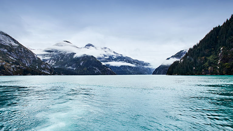 A fjord viewed from the stern of an Alaska cruise