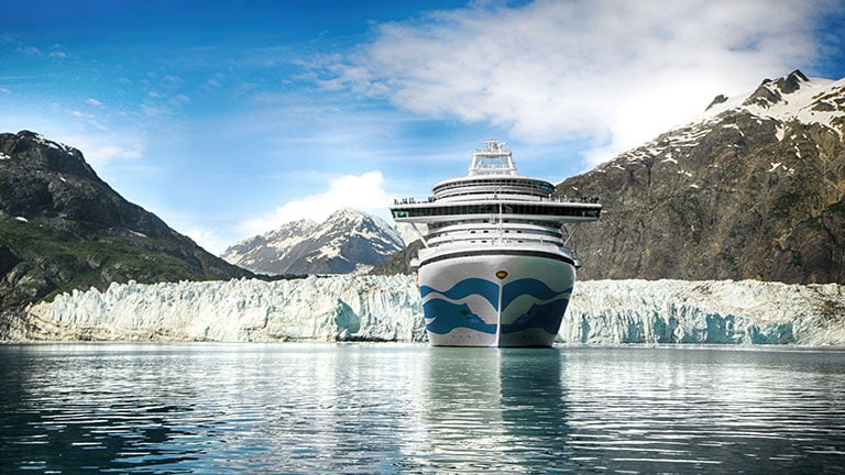 cruise ship on Alaska cruise with Margerie Glacier in the background