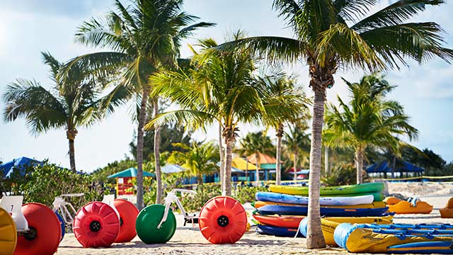 water bikes and kayaks on the beach at Princess Cays