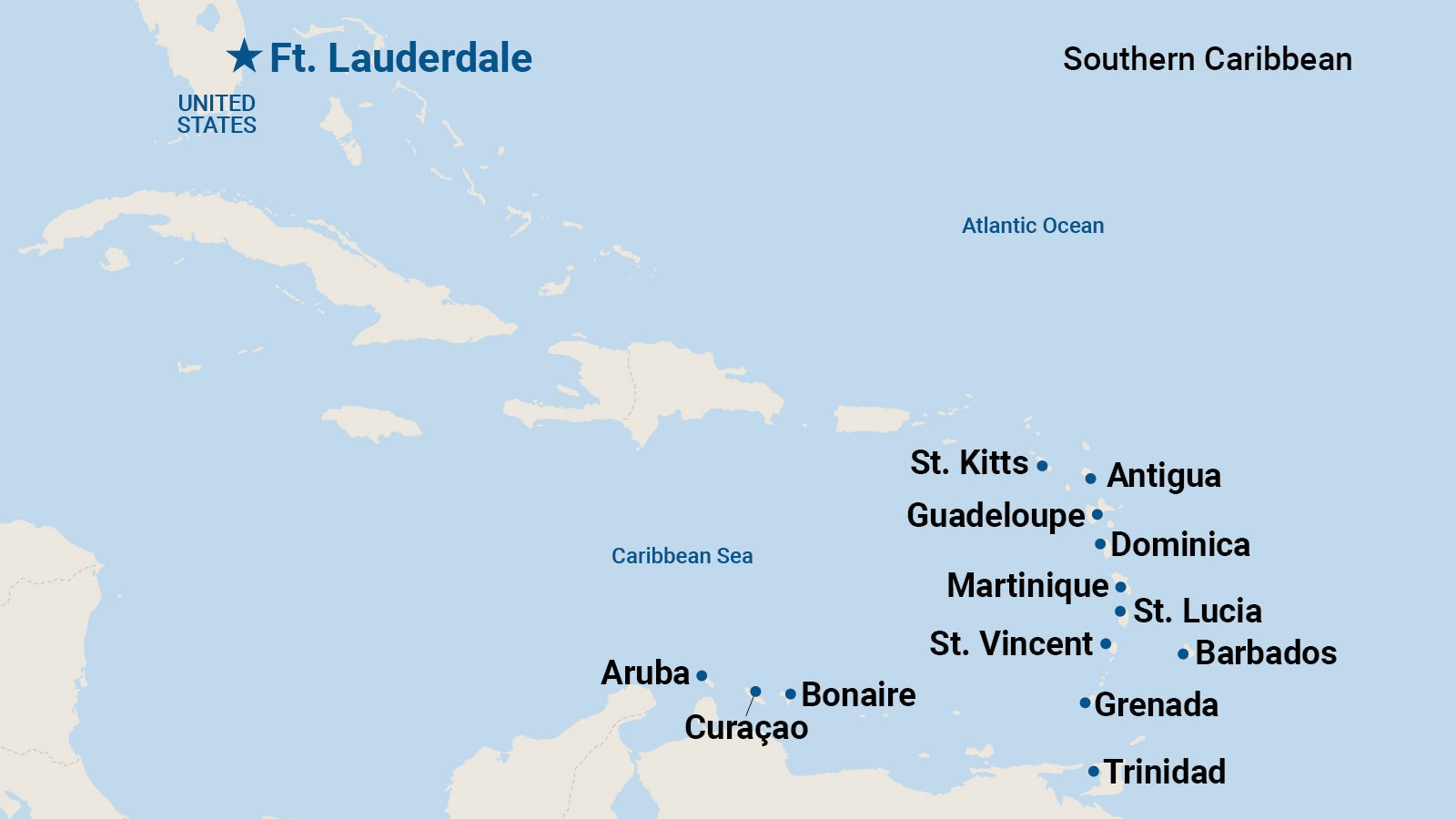 Map of Southern Caribbean cruise ports