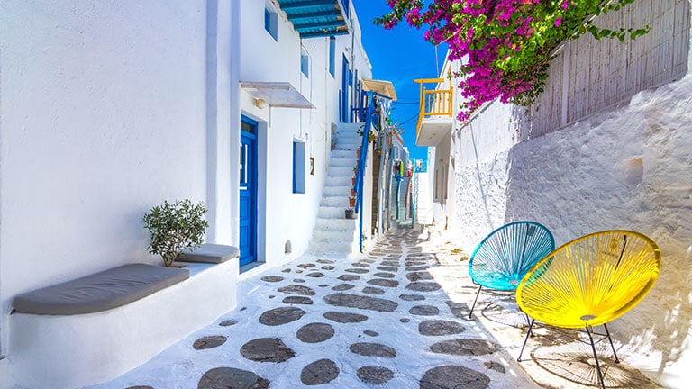 A sidewalk in Mykonos, Greece