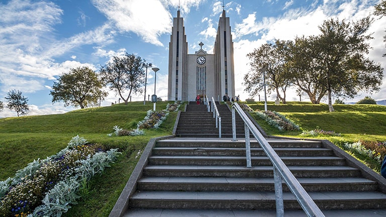 Stairs leading to a church in Akureyri, Iceland