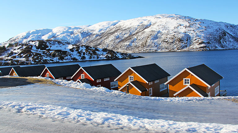 Five houses by the lake with snowy mountains behind