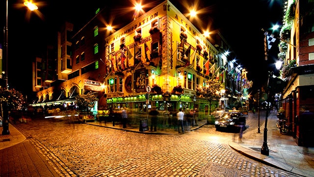 A European bar at night.