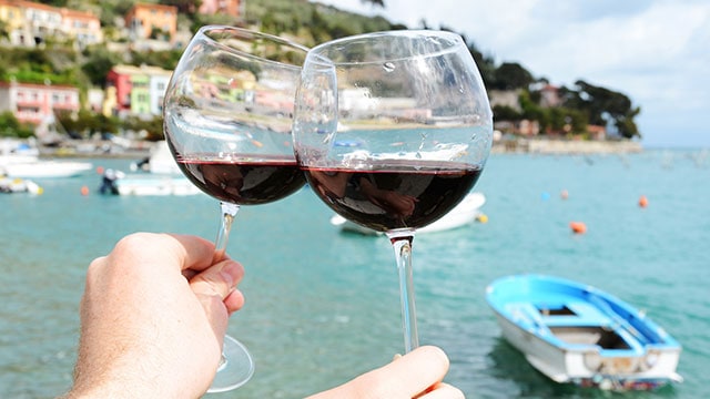 A couple toasting on a sunny day while on Europe cruise