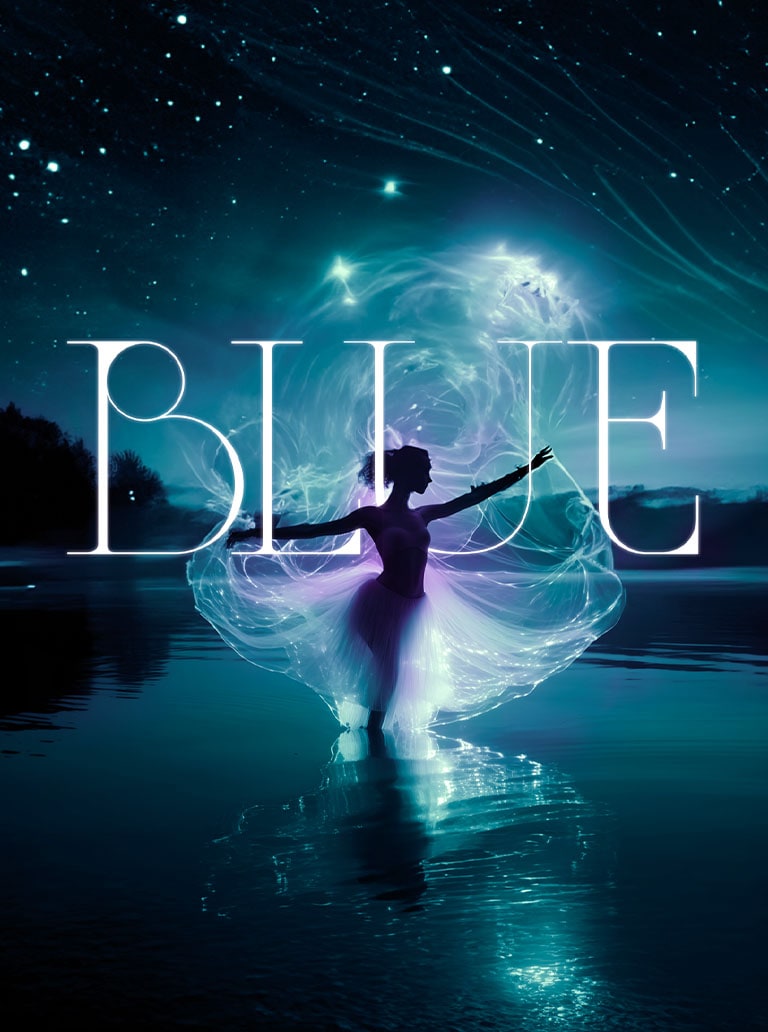 blue graphic lady dancing in water below stars