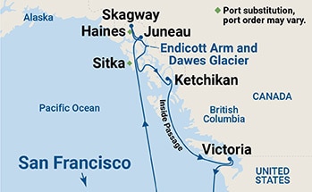 Map shows port stops for Inside Passage (Roundtrip San Francisco). For more details, refer to the List of Port Stops table on this page.