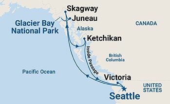 Map shows port stops for Inside Passage (with Glacier Bay National Park). For more details, refer to the List of Port Stops table on this page.