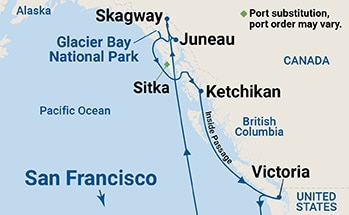Map shows port stops for Inside Passage (with Glacier Bay National Park). For more details, refer to the List of Port Stops table on this page.