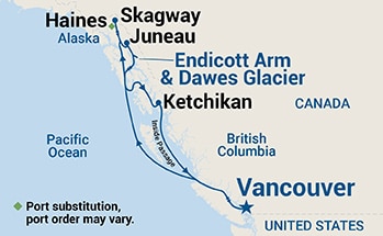 Map shows port stops for Inside Passage (Roundtrip Vancouver). For more details, refer to the List of Port Stops table on this page.