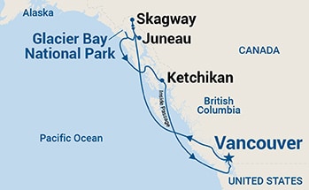 Map shows port stops for Inside Passage (with Glacier Bay National Park). For more details, refer to the List of Port Stops table on this page.