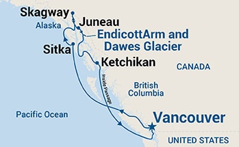 Map shows port stops for Inside Passage (Roundtrip Vancouver). For more details, refer to the List of Port Stops table on this page.