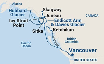 Map shows port stops for Inside Passage (roundtrip Vancouver). For more details, refer to the List of Port Stops table on this page.