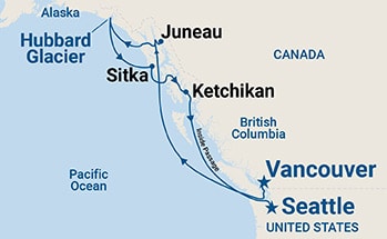 Map shows port stops for Inside Passage (Vancouver to Seattle). For more details, refer to the List of Port Stops table on this page.