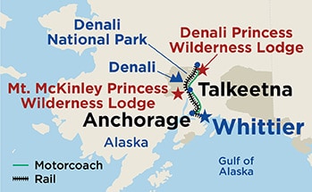 Map shows port stops for Denali Explorer - Tour EB4. For more details, refer to the List of Port Stops table on this page.