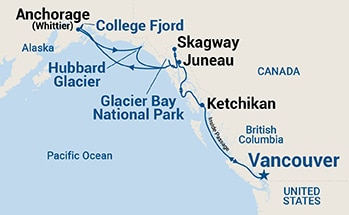 Map shows port stops for Voyage of the Glaciers Grand Adventure. For more details, refer to the List of Port Stops table on this page.
