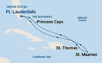 Map shows port stops for Eastern Caribbean with Bahamas. For more details, refer to the List of Port Stops table on this page.