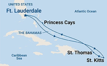 Map shows port stops for Eastern Caribbean with St. Kitts. For more details, refer to the List of Port Stops table on this page.