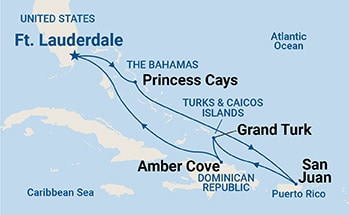 Map shows port stops for Eastern Caribbean with Puerto Rico. For more details, refer to the List of Port Stops table on this page.