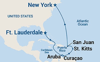 Map shows port stops for Caribbean Islander. For more details, refer to the List of Port Stops table on this page.