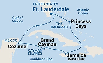 Map shows port stops for Western Caribbean with Bahamas. For more details, refer to the List of Port Stops table on this page.