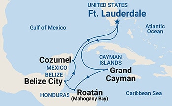Map showing the port stops for Western Caribbean. For more details, refer to the List of Port Stops table on this page.