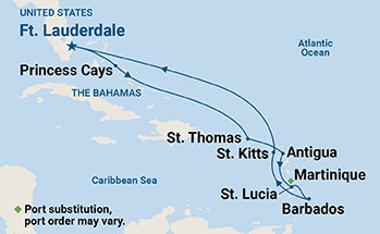 Map shows port stops for Southern Caribbean with Barbados. For more details, refer to the List of Port Stops table on this page.