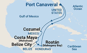 Map shows port stops for Western Caribbean with Mexico. For more details, refer to the List of Port Stops table on this page.