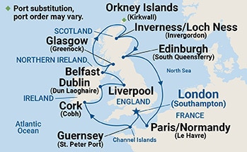 Map shows port stops for British Isles with Liverpool. For more details, refer to the List of Port Stops table on this page.