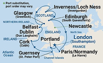 Map shows port stops for British Isles with Portland (for Stonehenge). For more details, refer to the List of Port Stops table on this page.