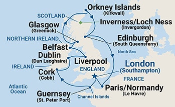 Map shows port stops for British Isles with Orkney Islands. For more details, refer to the List of Port Stops table on this page.