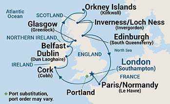 Map shows port stops for British Isles (Ireland, Scotland & France). For more details, refer to the List of Port Stops table on this page.