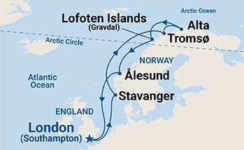 Map shows port stops for Search for the Northern Lights. For more details, refer to the List of Port Stops table on this page.