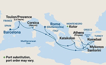 Map shows port stops for Grand Mediterranean. For more details, refer to the List of Port Stops table on this page.