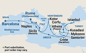 Map shows port stops for Mediterranean with Greek Isles, Italy & Turkey. For more details, refer to the List of Port Stops table on this page.