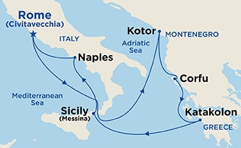 Map shows port stops for Mediterranean & Adriatic. For more details, refer to the List of Port Stops table on this page