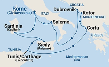 Map shows port stops for Mediterranean & Adriatic. For more details, refer to the List of Port Stops table on this page.