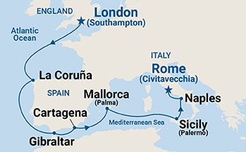 Map shows port stops for European Explorer. For more details, refer to the List of Port Stops table on this page.